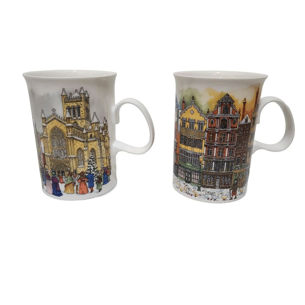 (2) Dunoon Bone China Mugs England Sue Scullard Christmas Time Carriage & Geese